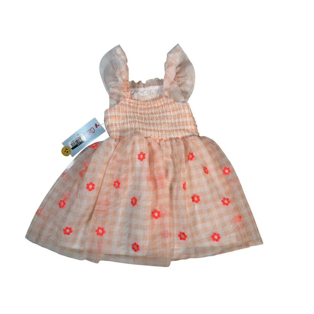 Cat & Jack Tulle Gingham Dress Kids 18M Peach NEW Floral Smocked Ruffle